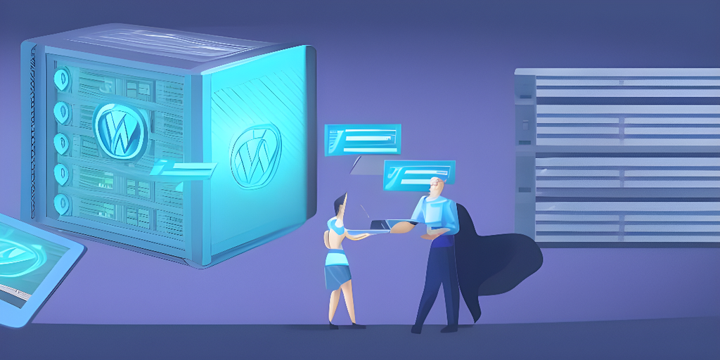 Két ember cserél adatokat egy nagy szerver előtt, amelynek WordPress logója van, kiemelve a WordPress Hostinget. Lebegő digitális kijelzők és egy másik szerver jelennek meg a háttérben, ami modern weboldal hosztolásra vagy menedzsmentre utal egy technológiaközpontú környezetben.